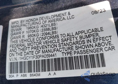 2023 Honda Accord Ex z USA, uszkodzony, nr VIN 1HGCY1F30PA059441